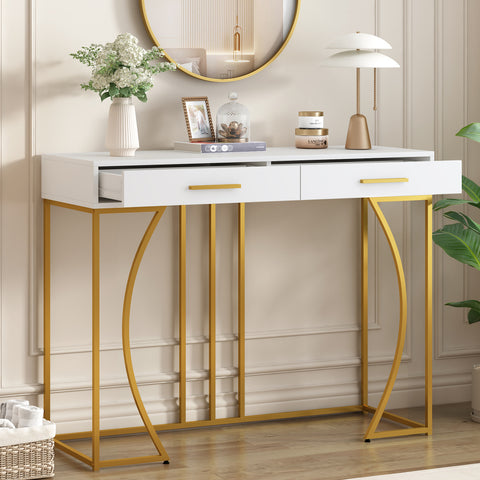 Konsolentisch,Flurtisch mit 2 Schublade ,Leichter Luxus-Stil Beistelltisch, Sofatisch ,120x38x76 cm,Weiß/Gold