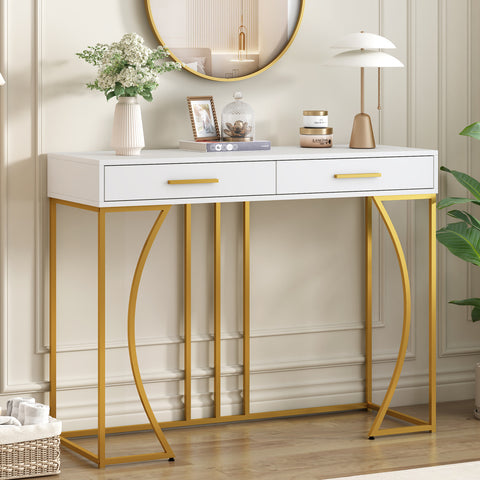 Konsolentisch,Flurtisch mit 2 Schublade ,Leichter Luxus-Stil Beistelltisch, Sofatisch ,120x38x76 cm,Weiß/Gold