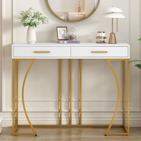 Konsolentisch,Flurtisch mit 2 Schublade ,Leichter Luxus-Stil Beistelltisch, Sofatisch ,120x38x76 cm,Weiß/Gold