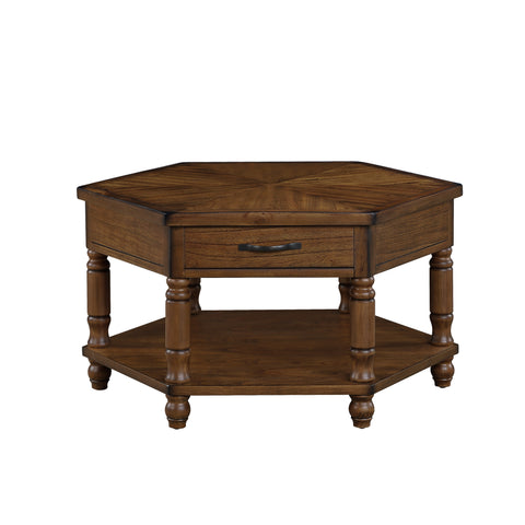 2 Tier Retro Hexagon Living Room Solid Wood Coffee Table with Shelf &amp; Drawer, 36&#039;&#039; Mid-Century Center Coffee Table for Living Room, Office. Cherry