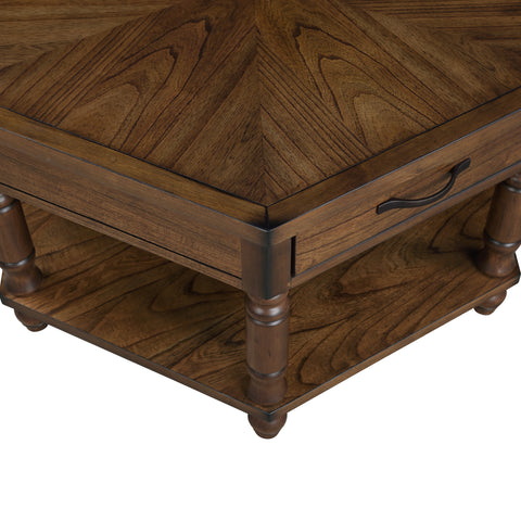 2 Tier Retro Hexagon Living Room Solid Wood Coffee Table with Shelf &amp; Drawer, 36&#039;&#039; Mid-Century Center Coffee Table for Living Room, Office. Cherry