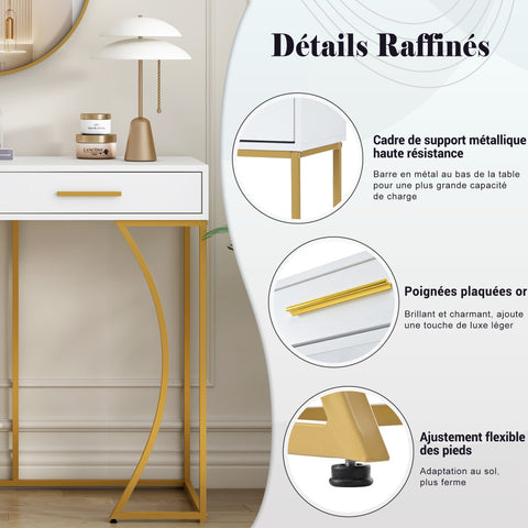 Konsolentisch,Flurtisch mit 2 Schublade ,Leichter Luxus-Stil Beistelltisch, Sofatisch ,120x38x76 cm,Weiß/Gold