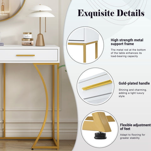 Konsolentisch,Flurtisch mit 2 Schublade ,Leichter Luxus-Stil Beistelltisch, Sofatisch ,120x38x76 cm,Weiß/Gold