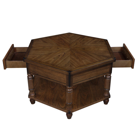 2 Tier Retro Hexagon Living Room Solid Wood Coffee Table with Shelf &amp; Drawer, 36&#039;&#039; Mid-Century Center Coffee Table for Living Room, Office. Cherry