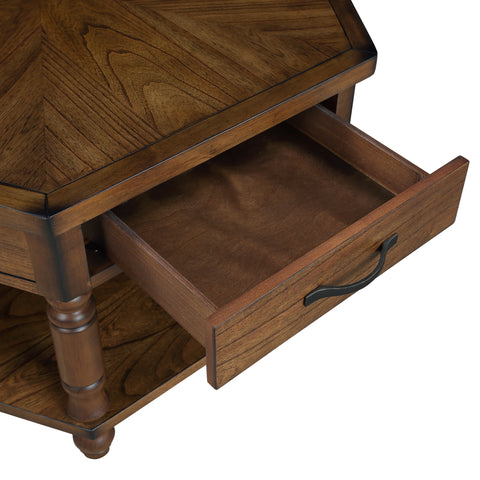 2 Tier Retro Hexagon Living Room Solid Wood Coffee Table with Shelf &amp; Drawer, 36&#039;&#039; Mid-Century Center Coffee Table for Living Room, Office. Cherry