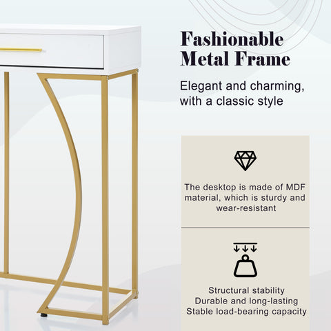 Konsolentisch,Flurtisch mit 2 Schublade ,Leichter Luxus-Stil Beistelltisch, Sofatisch ,120x38x76 cm,Weiß/Gold